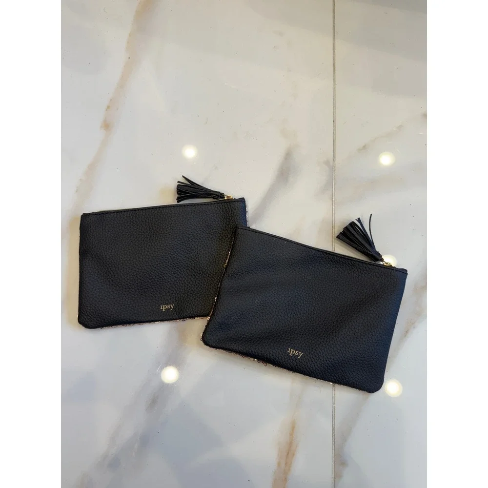 Ipsy‎ Gold Sequin Black Faux Leather Tassel Makeup Bag Set of 2 Cosmetic Pouches